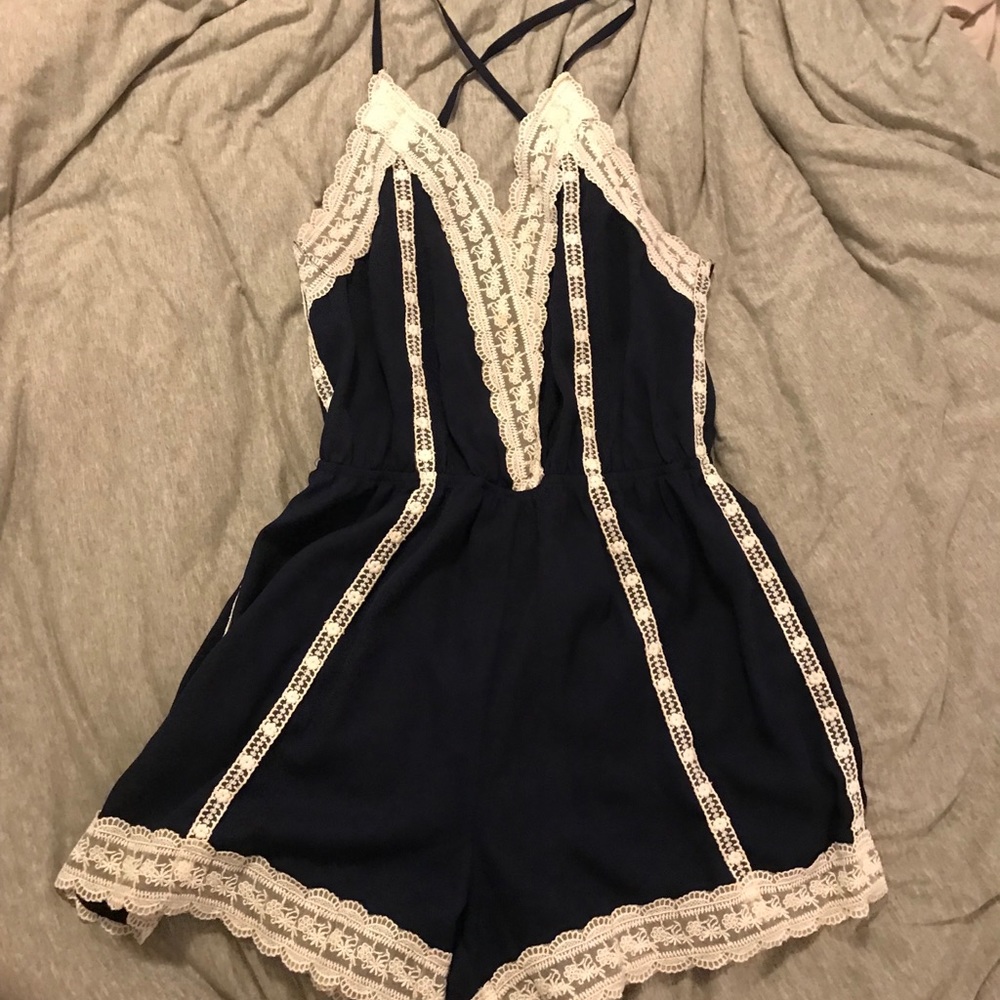 Blue & white lace romper
